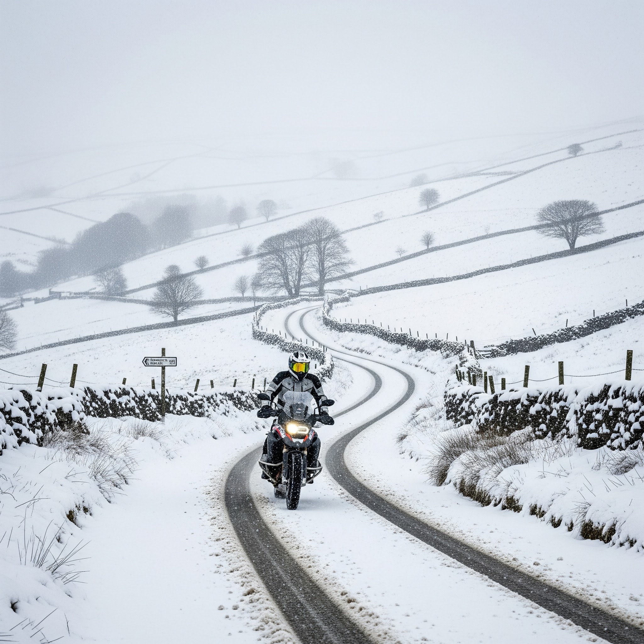 bike on road in snow in England