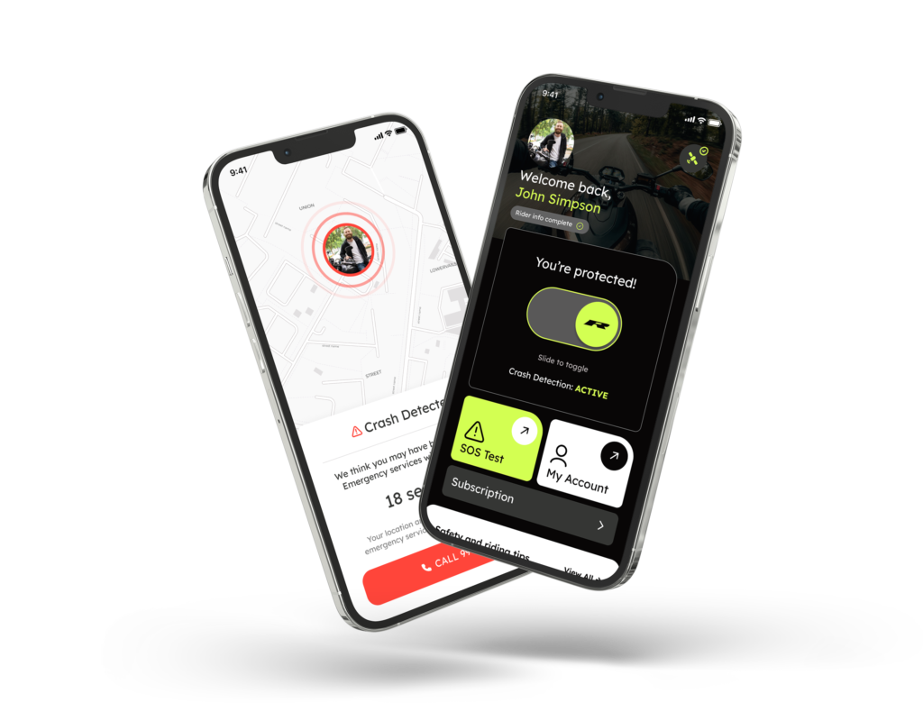 Motorcycle safety app REALRIDER SOS interface showing crash detection alert and rider location tracking on smartphone, highlighting emergency 999 response and rider protection features.