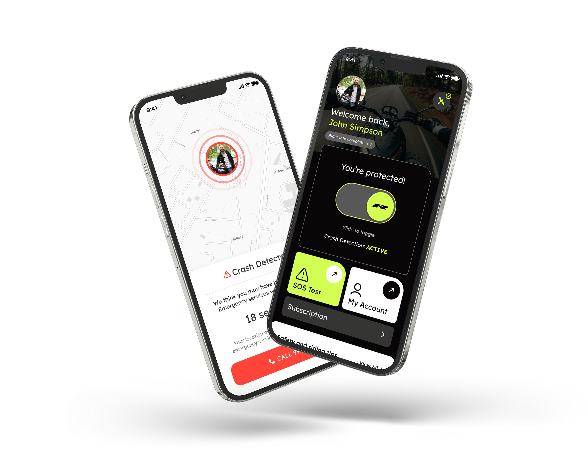 Motorcycle safety app REALRIDER SOS interface showing crash detection alert and rider location tracking on smartphone, highlighting emergency 999 response and rider protection features.